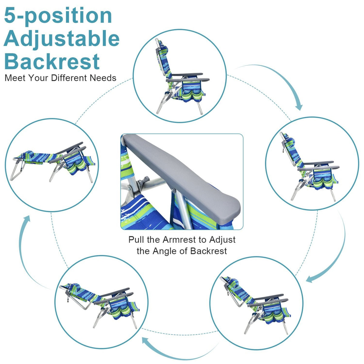 2 Packs 5-Position Outdoor Folding Backpack Beach Table Chair Reclining Chair Set-Blue