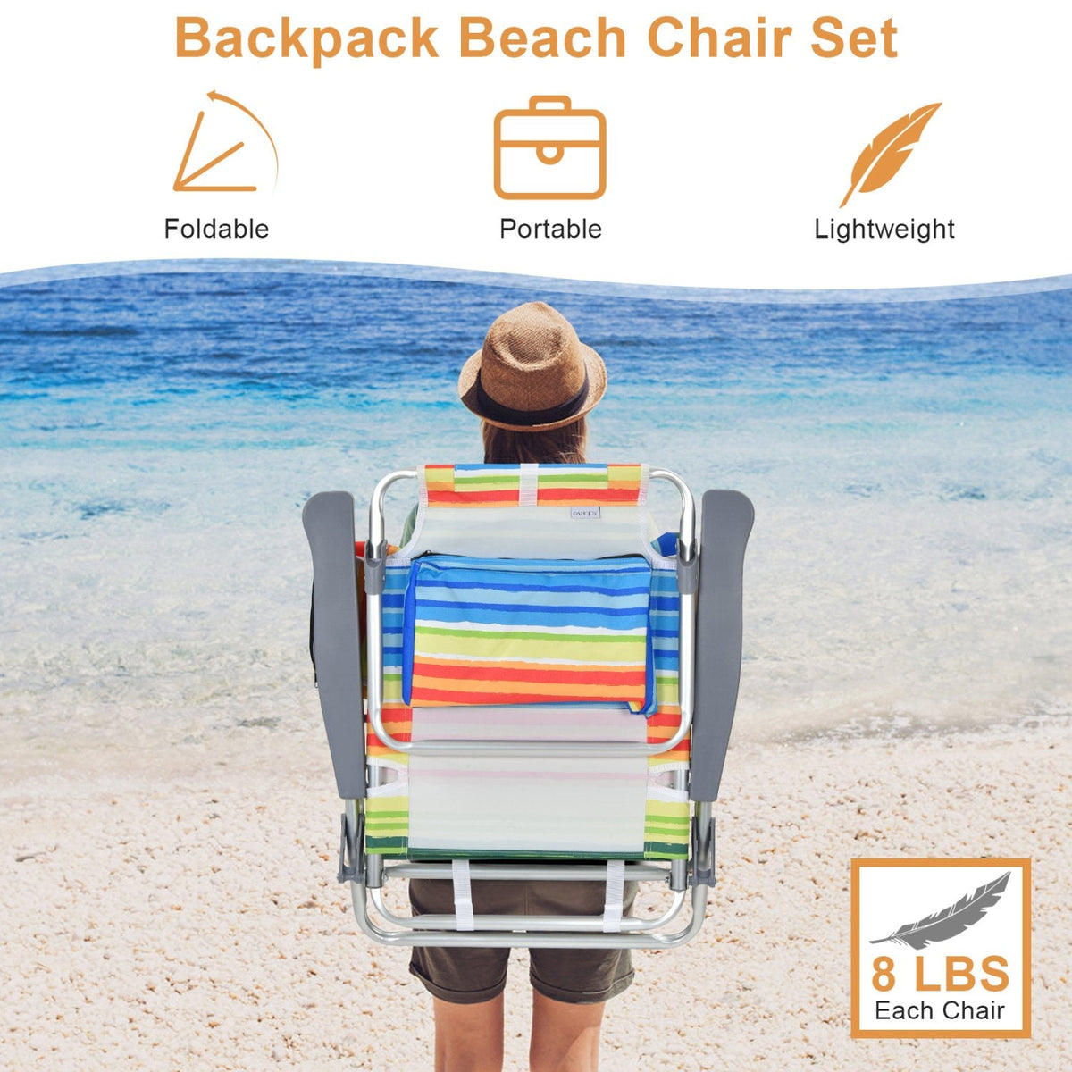 2 Packs 5-Position Outdoor Folding Backpack Beach Table Chair Reclining Chair Set-Yellow