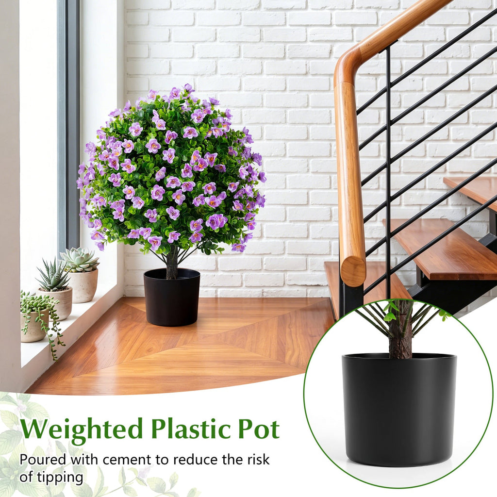 2 Pack Artificial Eucalyptus Topiary Trees with Flowers and Cement Planter for Home-Purple