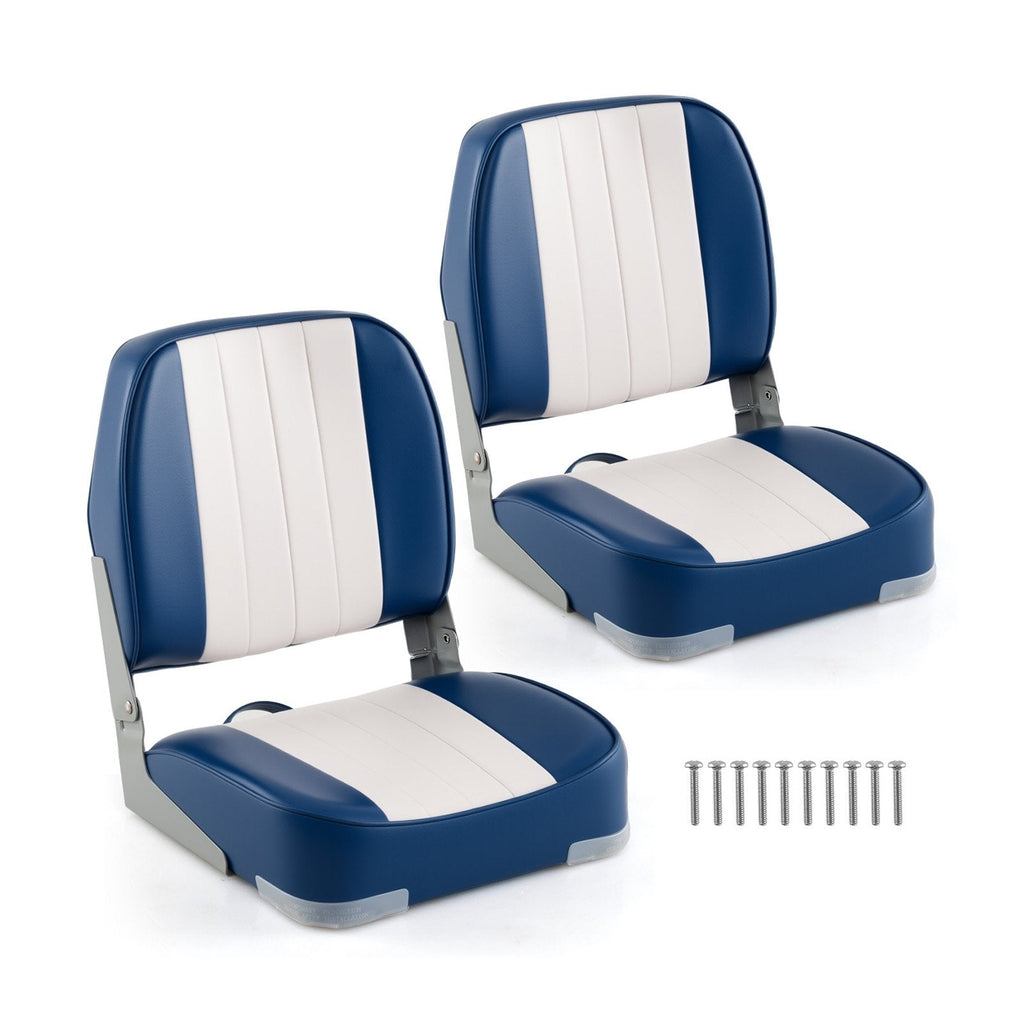 2-Pack Boat Seats Folding Low Back Boat Chairs Waterproof PVC Leather Cabin Seating-Blue