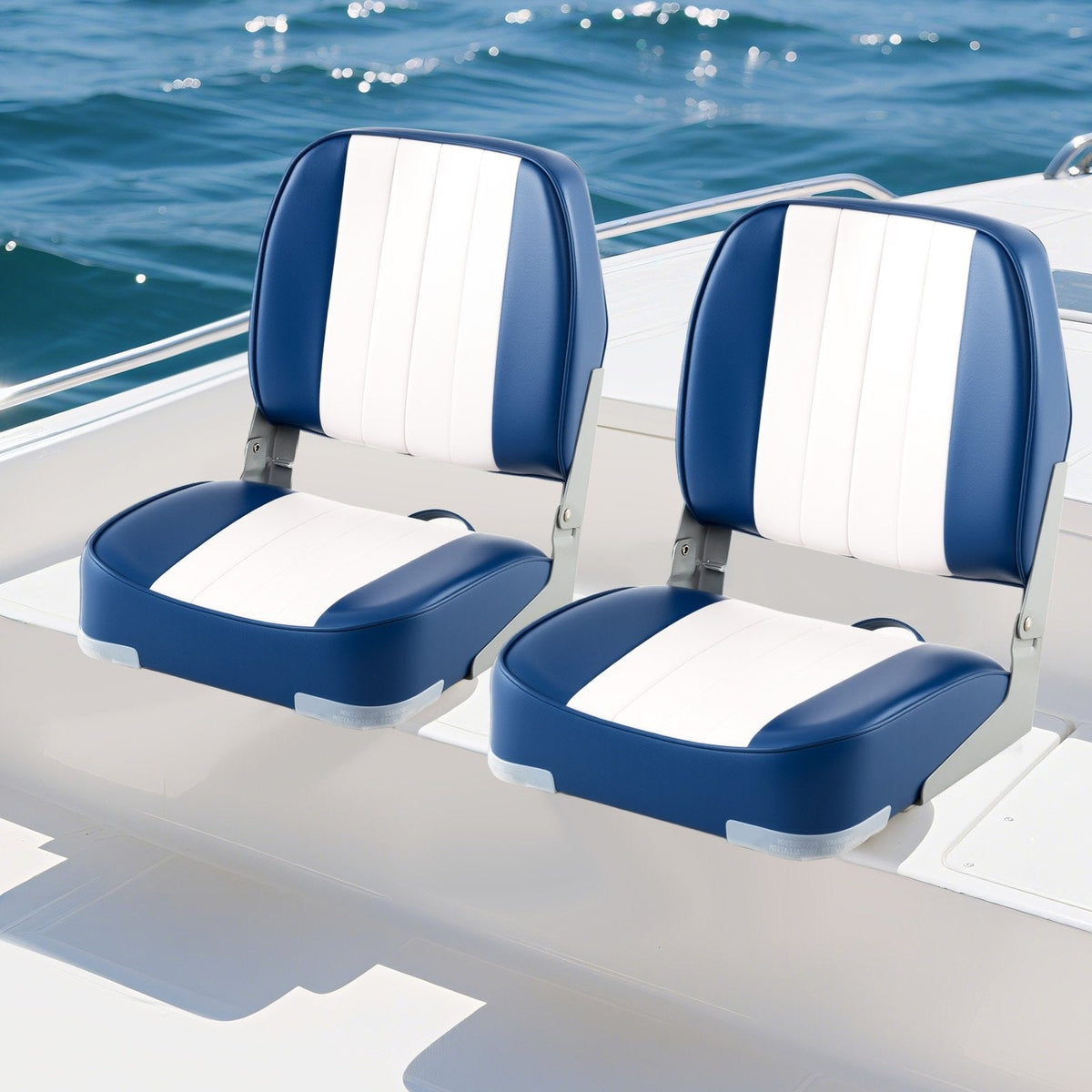 2-Pack Boat Seats Folding Low Back Boat Chairs Waterproof PVC Leather Cabin Seating-Blue