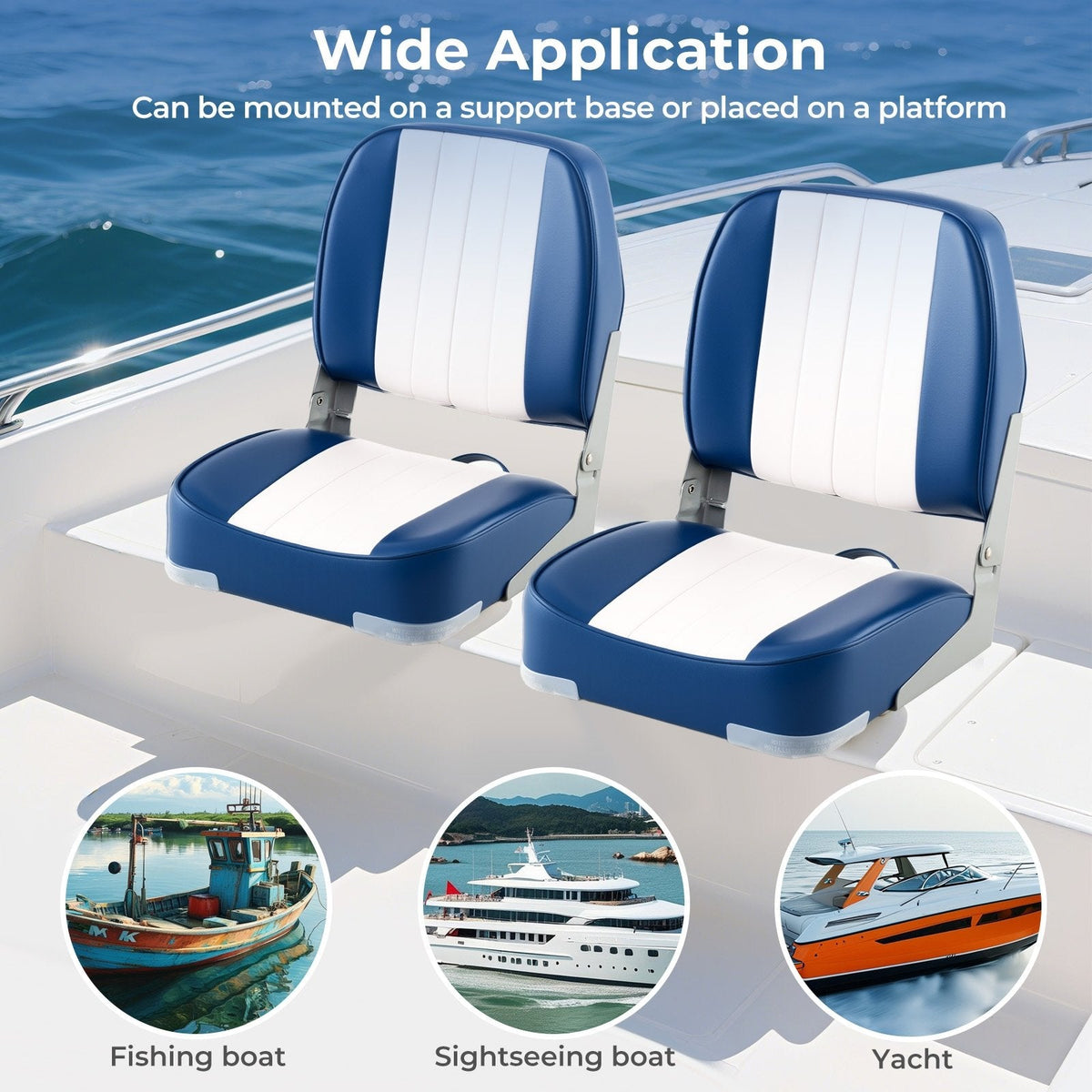 2-Pack Boat Seats Folding Low Back Boat Chairs Waterproof PVC Leather Cabin Seating-Blue