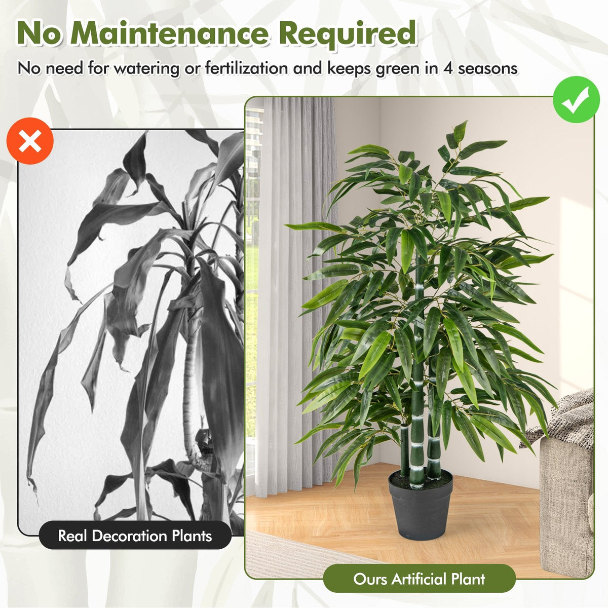 2 Pack Fake Bamboo Leave Tree with 3 PE Bamboo Trunk-Green