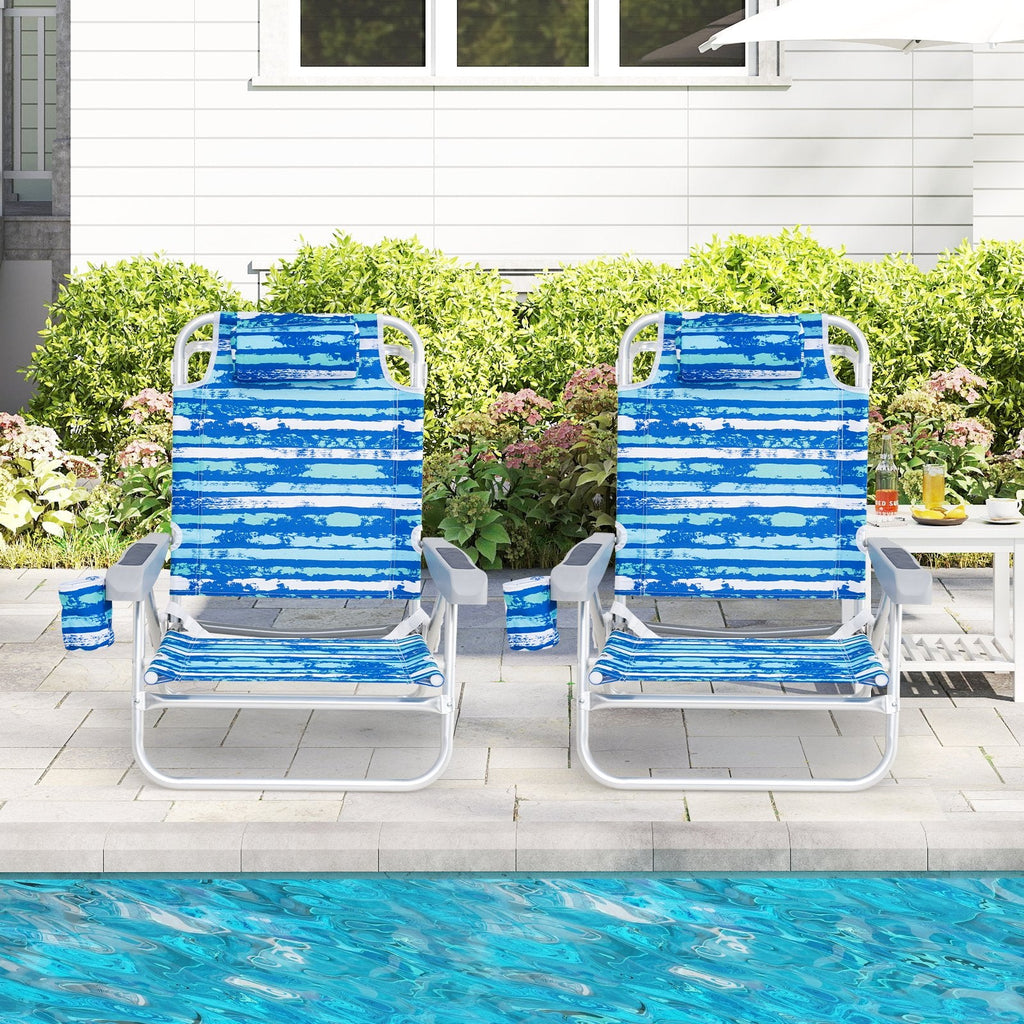 2 Pack Folding Beach Chair with Adjustable Positions and Head Pillow-Blue
