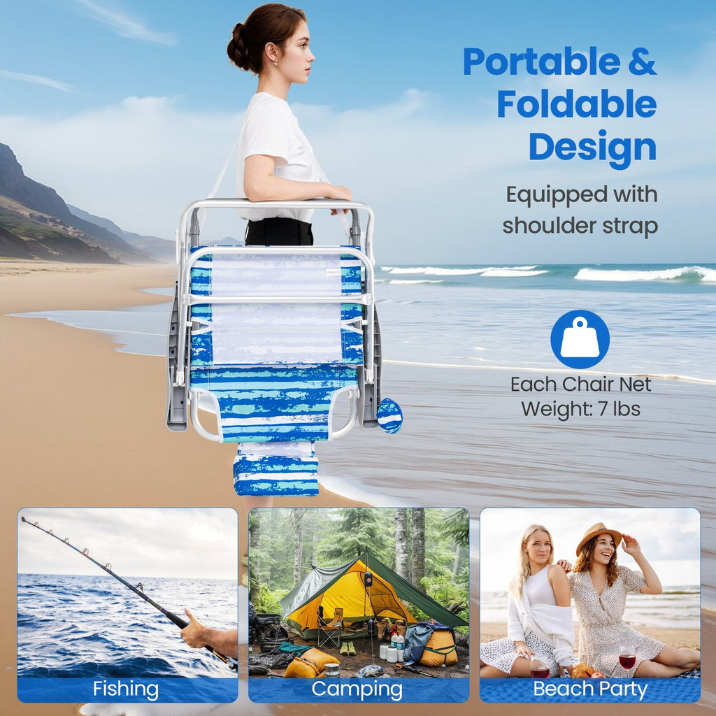 2 Pack Folding Beach Chair with Adjustable Positions and Head Pillow-Blue