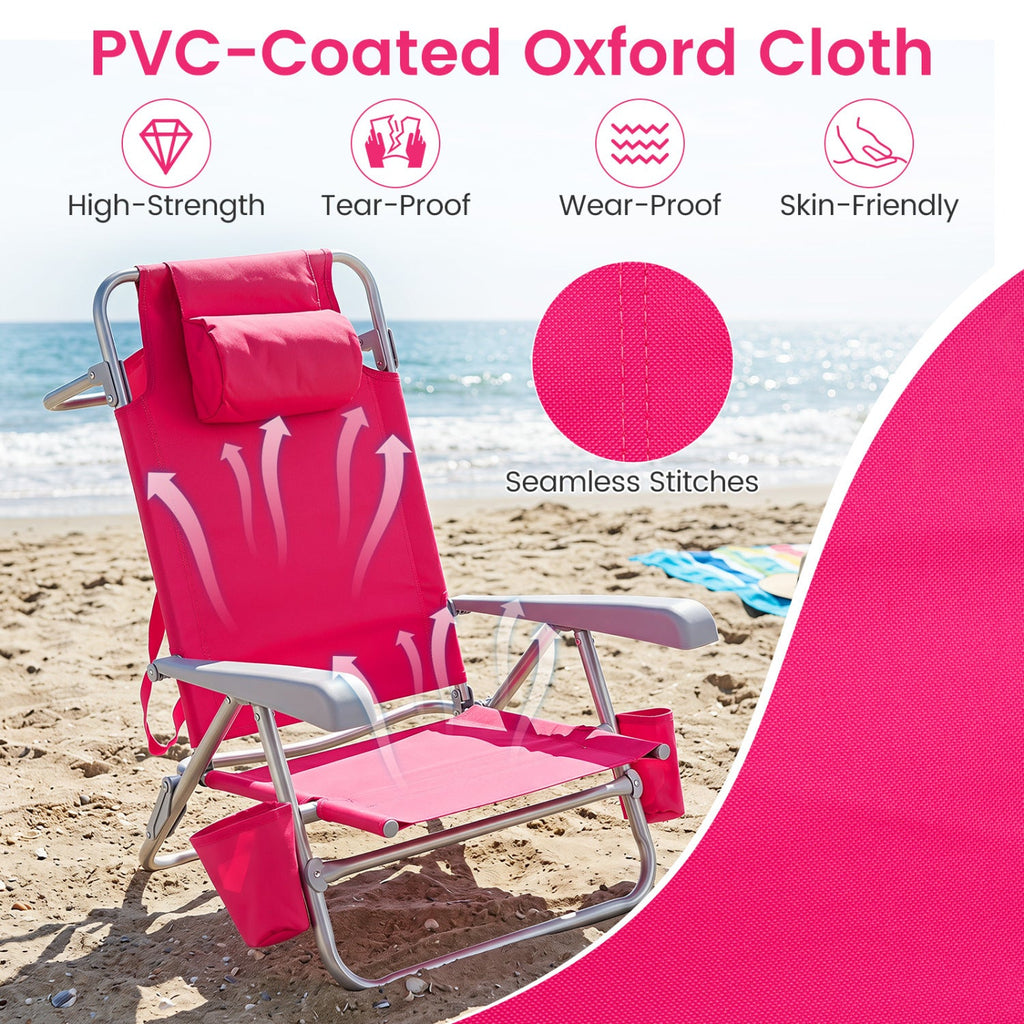 2 Pack Portable Folding Beach Chair with 7-Position Backrest-Pink