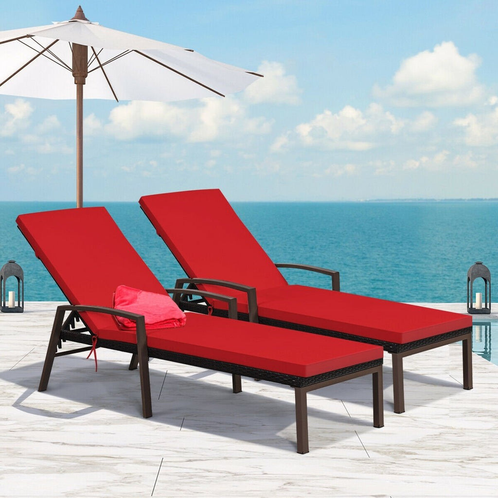 Set of 2 Rattan Lounge Chairs with Removable Cushions and Curved Armrests, Red