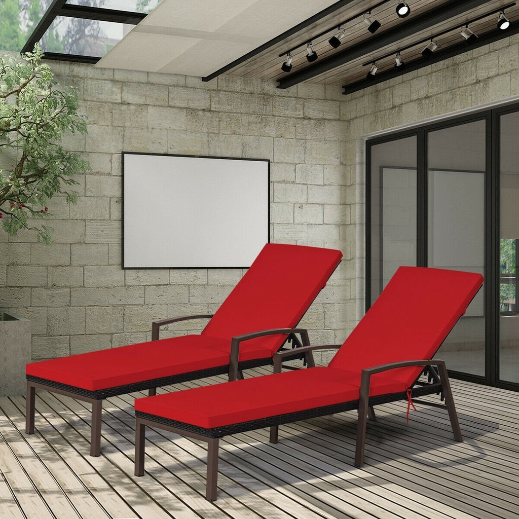 Set of 2 Rattan Lounge Chairs with Removable Cushions and Curved Armrests, Red