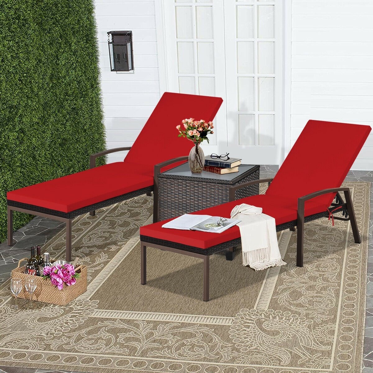 Set of 2 Rattan Lounge Chairs with Removable Cushions and Curved Armrests, Red