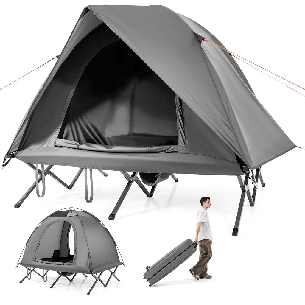 2-Person Camping Cot Tent Foldable Off-Ground Camping Combo for Adults-Grey