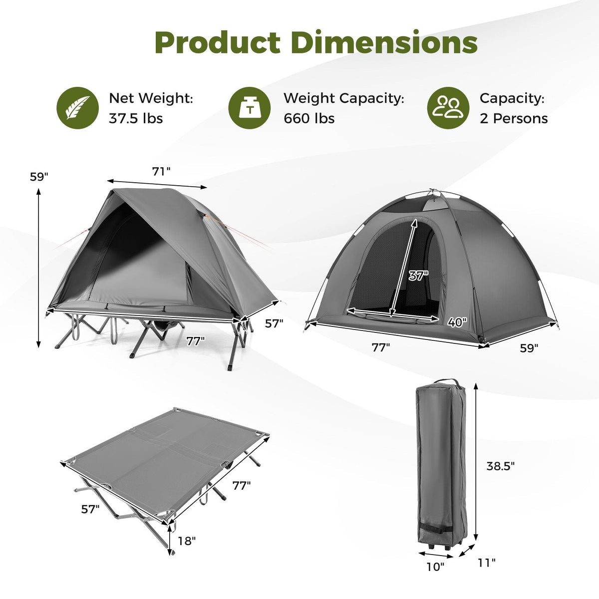 2-Person Camping Cot Tent Foldable Off-Ground Camping Combo for Adults-Grey