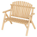 2-Person Log Wood Patio Bench with Slatted Backrest for Deck Backyard-Natural