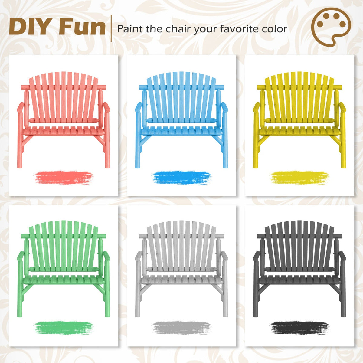 2-Person Log Wood Patio Bench with Slatted Backrest for Deck Backyard-Natural