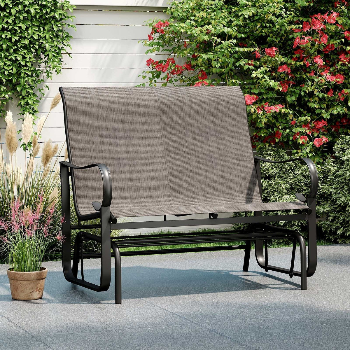 2-Person Outdoor Glider Bench with High Backrest-Brown