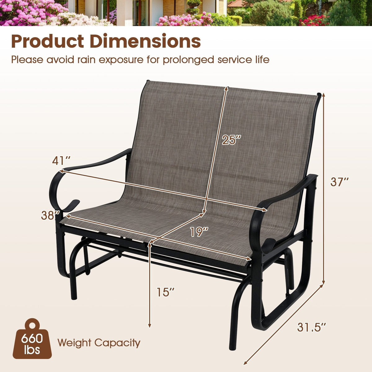 2-Person Outdoor Glider Bench with High Backrest-Brown