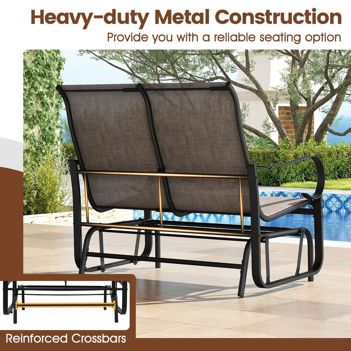 2-Person Outdoor Glider Bench with High Backrest-Brown
