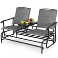 2 Person Outdoor Glider Loveseat with Centre Tempered Glass Table, 57 in Grey Mesh Bench Rated 530 lb