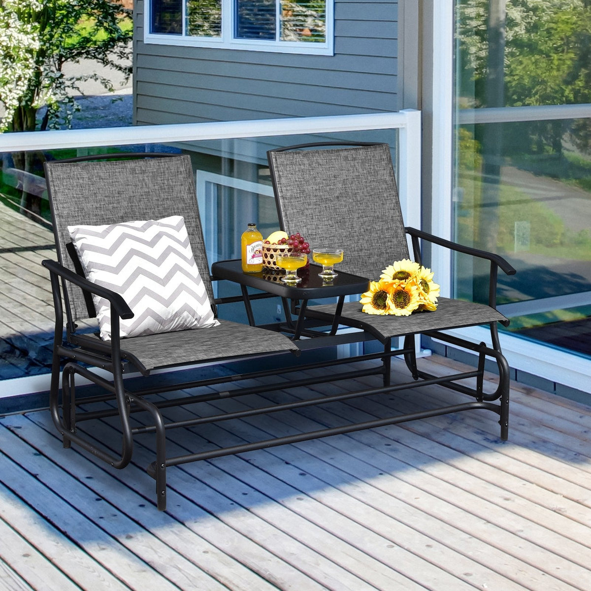 2 Person Outdoor Glider Loveseat with Centre Tempered Glass Table, 57 in Grey Mesh Bench Rated 530 lb