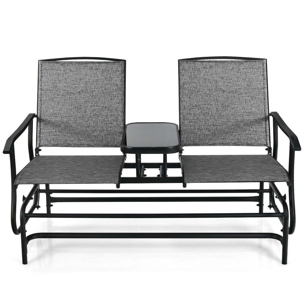 2 Person Outdoor Glider Loveseat with Centre Tempered Glass Table, 57 in Grey Mesh Bench Rated 530 lb