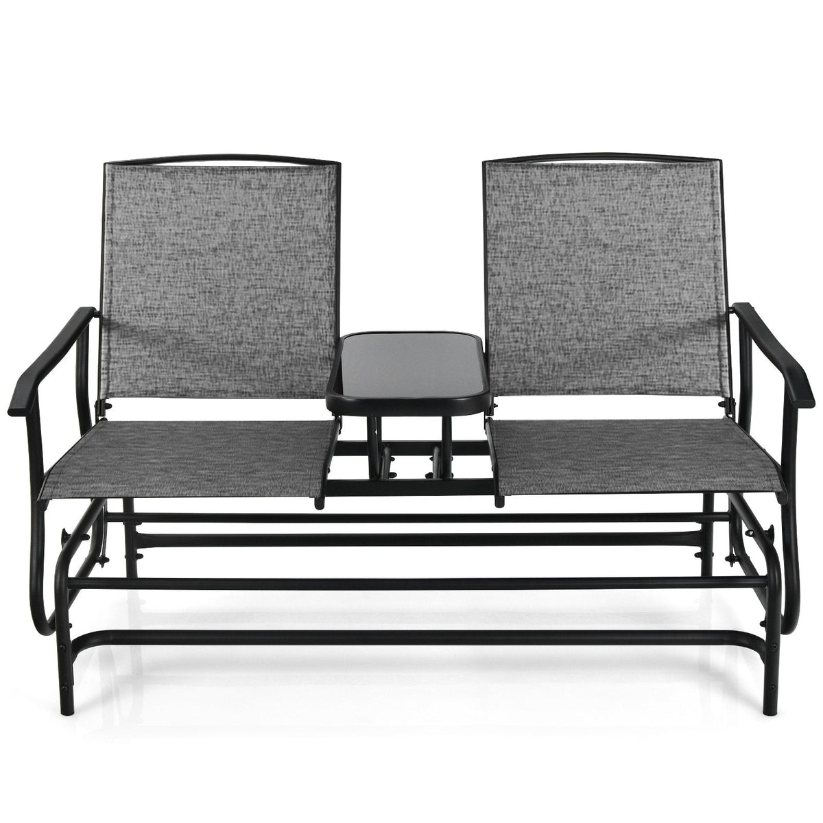 2 Person Outdoor Glider Loveseat with Centre Tempered Glass Table, 57 in Grey Mesh Bench Rated 530 lb