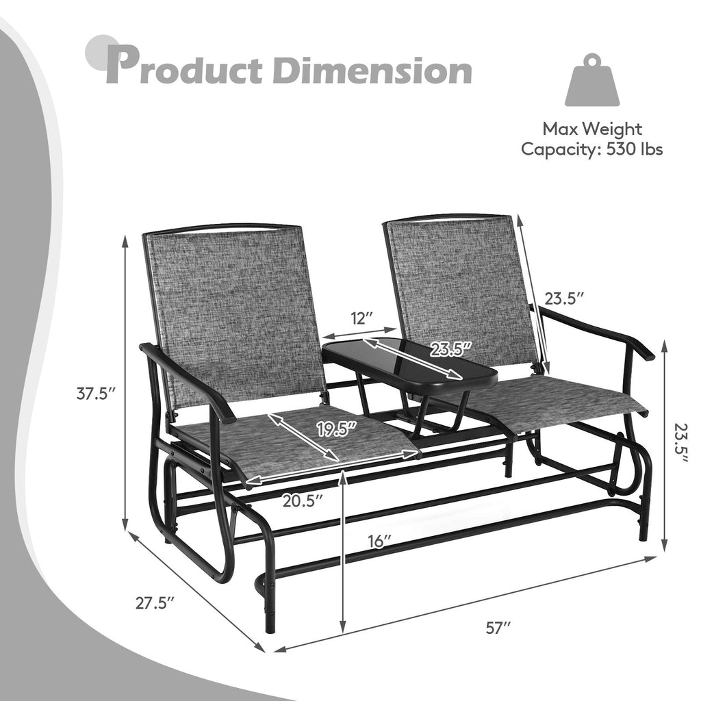 2 Person Outdoor Glider Loveseat with Centre Tempered Glass Table, 57 in Grey Mesh Bench Rated 530 lb