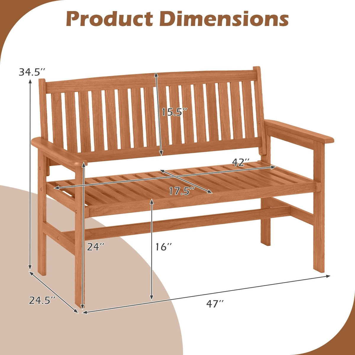 2-Person Patio Loveseat with Slatted Backrest and Comfortable Armrests
