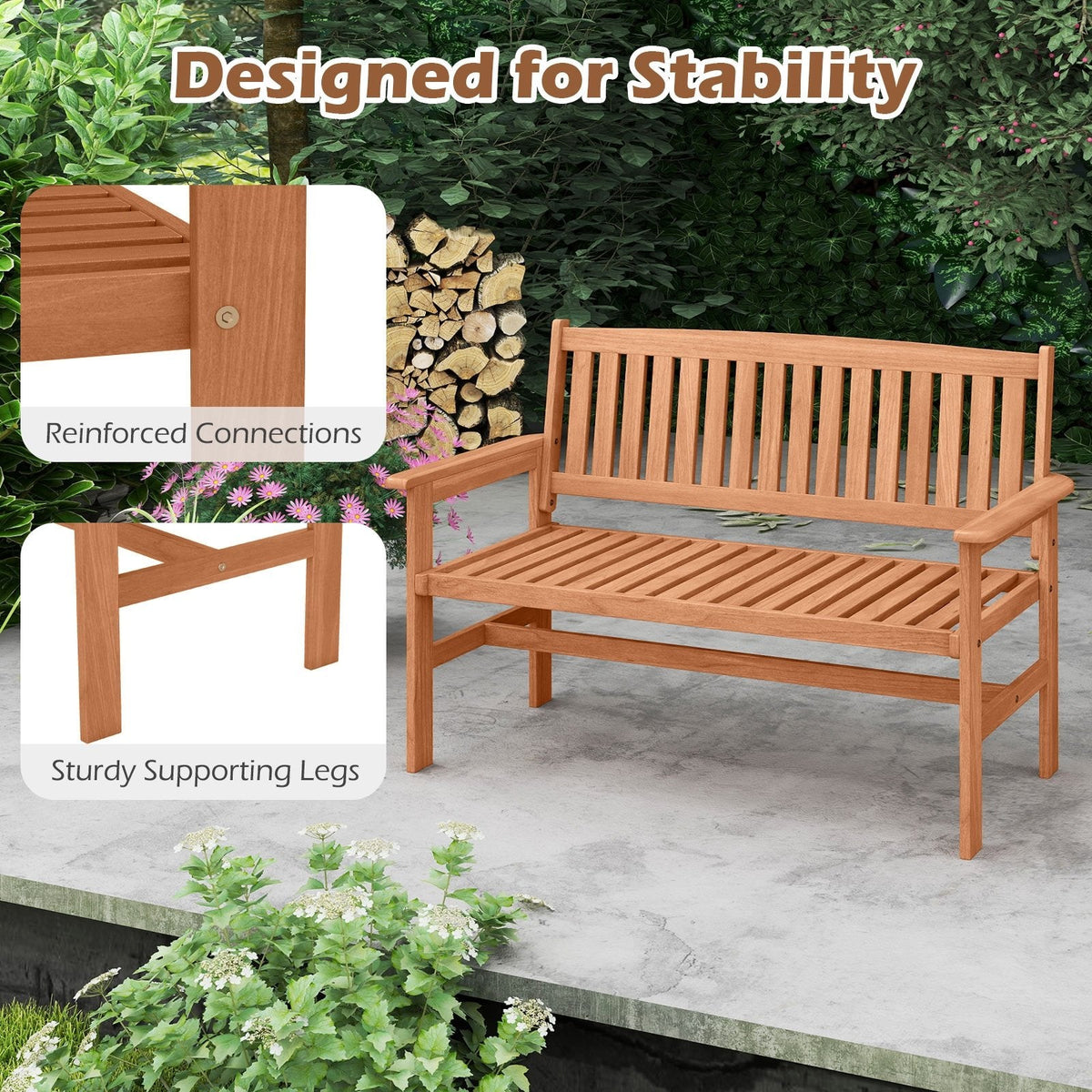 2-Person Patio Loveseat with Slatted Backrest and Comfortable Armrests