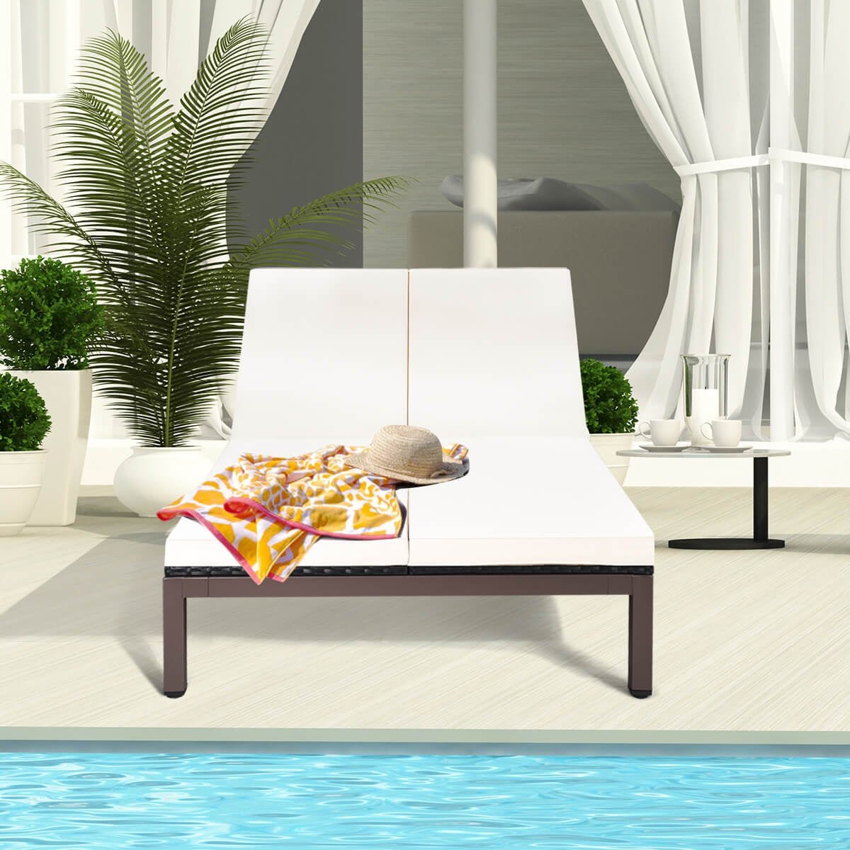 Two Person Rattan Double Lounge Chair with Separate Backrests and Wheels, White