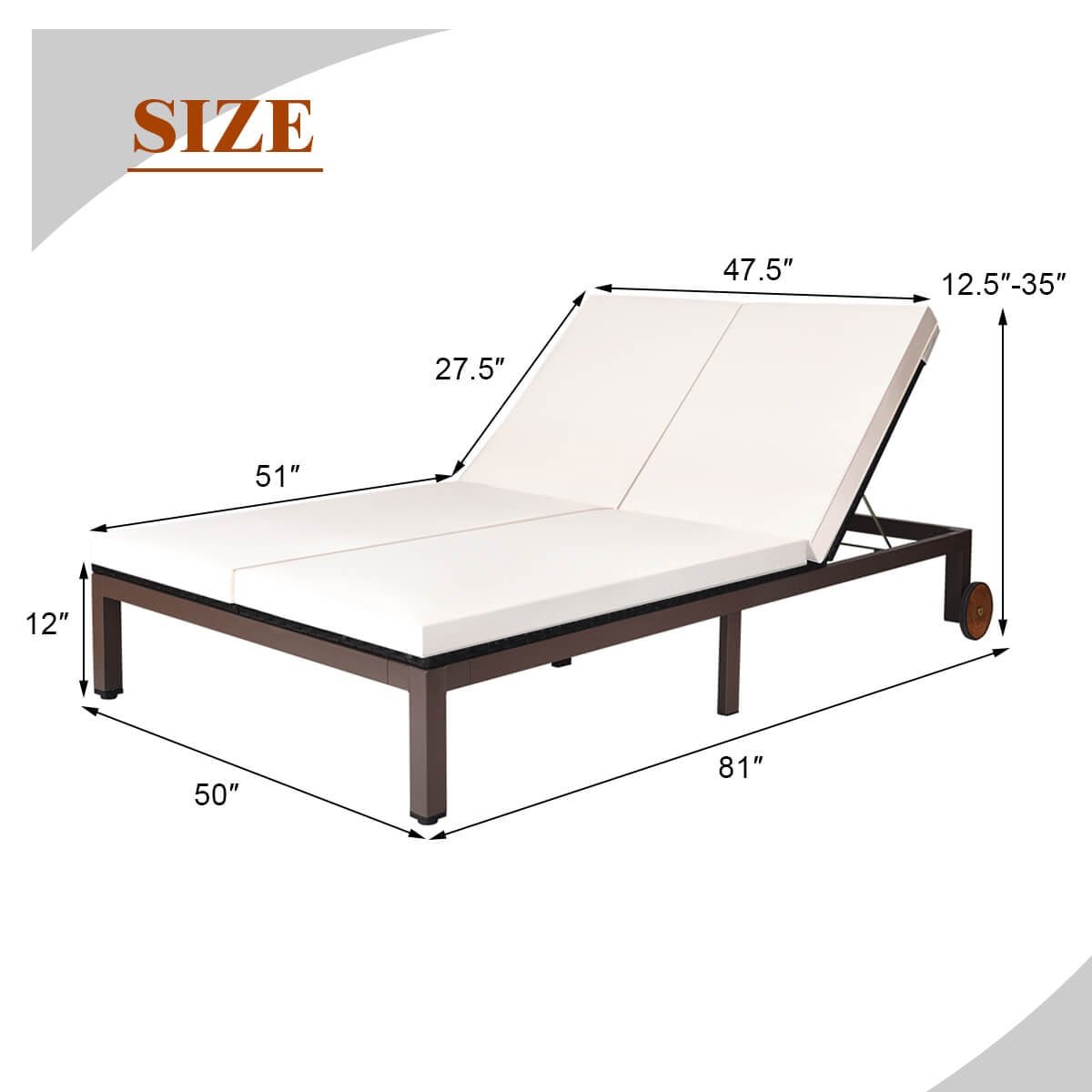 Two Person Rattan Double Lounge Chair with Separate Backrests and Wheels, White