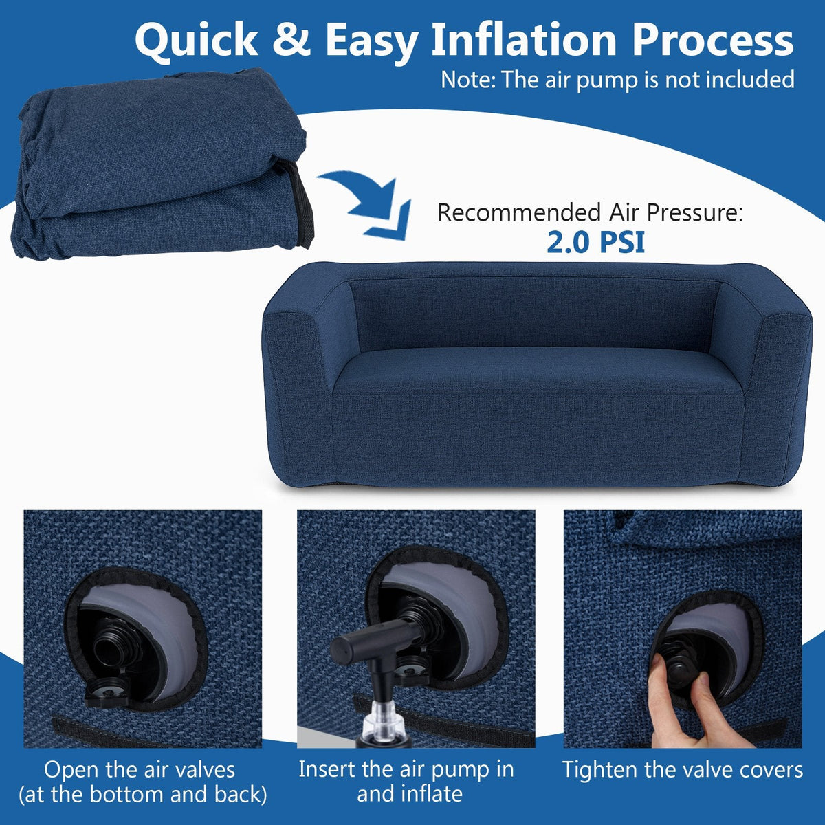 2-Person Portable Blow Up Sofa with Detachable Cover-Blue