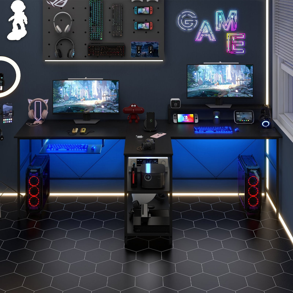 2-Person Reversible Computer Desk Long Office Desk with LED Lights-Black