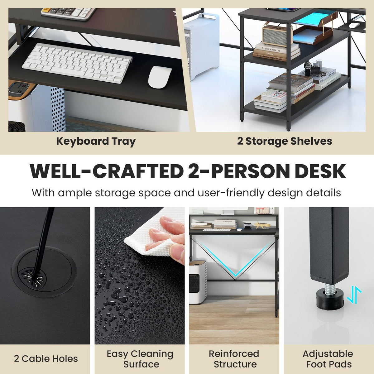 2-Person Reversible Computer Desk Long Office Desk with LED Lights-Black