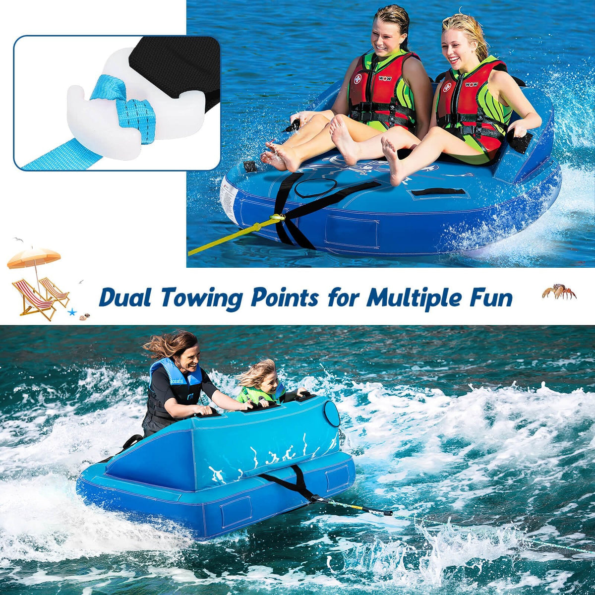 2 Person Water Sport Inflatable Towable Tubes for Boating-Blue