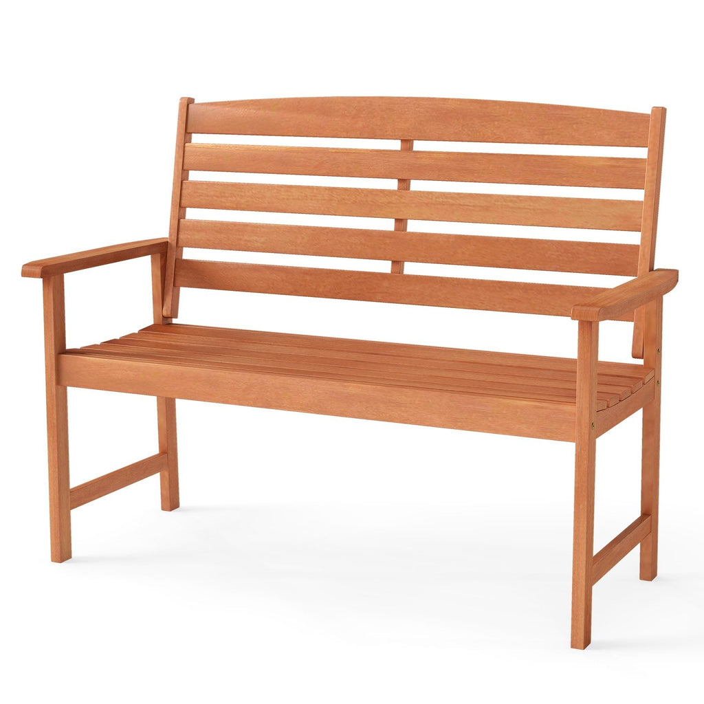 2-Person Wooden Garden Bench with Slatted Backrest and Comfortable Armrests