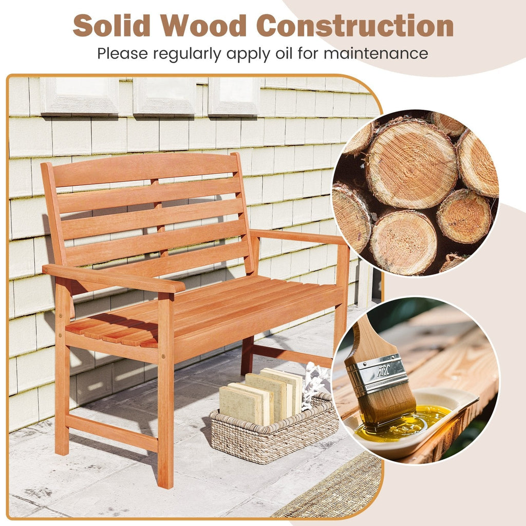 2-Person Wooden Garden Bench with Slatted Backrest and Comfortable Armrests