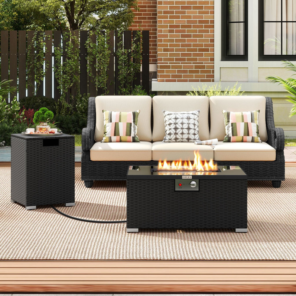 2-Piece Outdoor Rattan Fire Table Set 32 Inch Rectangle Gas Firepit with Tank Cover-Black