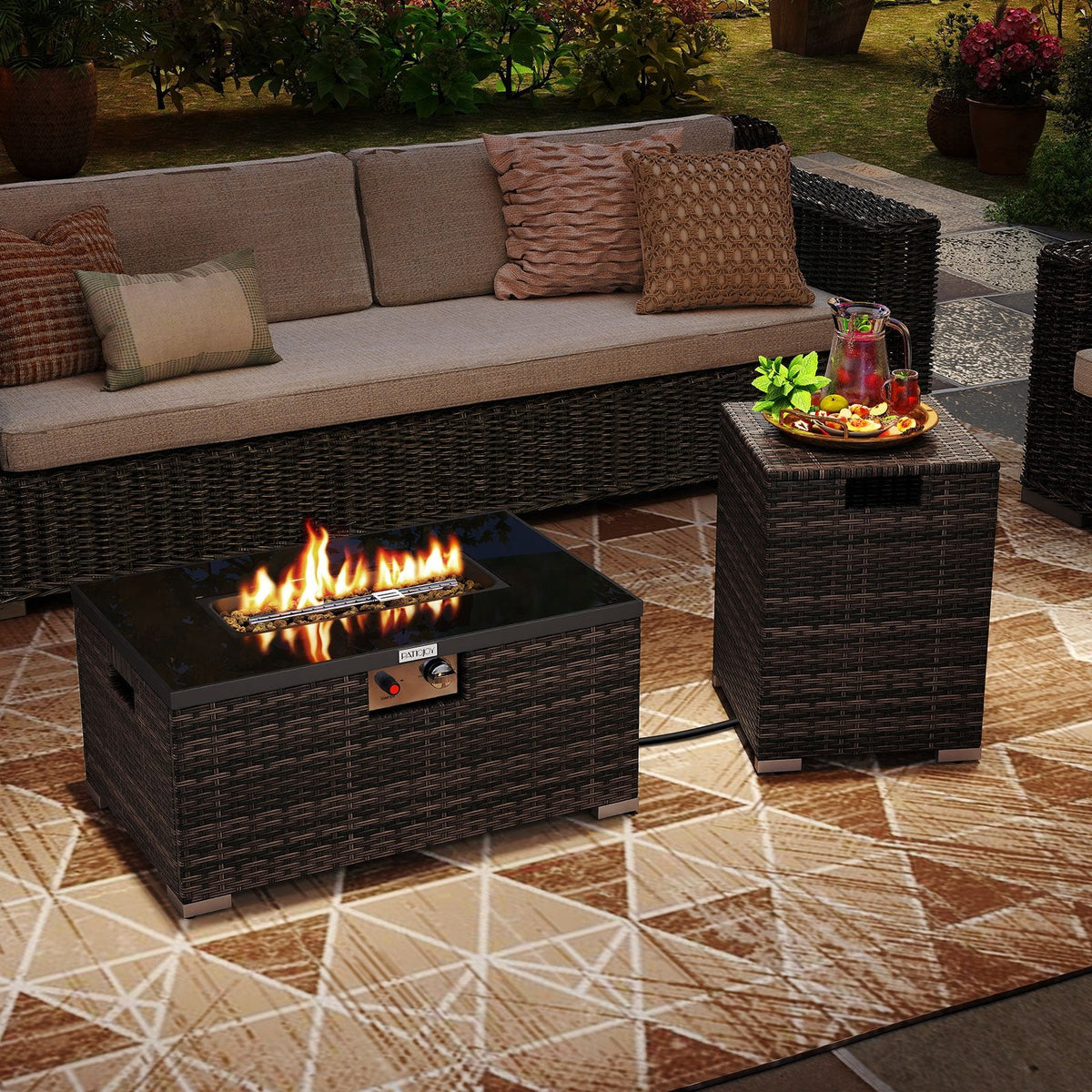 2-Piece Outdoor Rattan Fire Table Set 32 Inch Rectangle Gas Firepit with Tank Cover-Brown