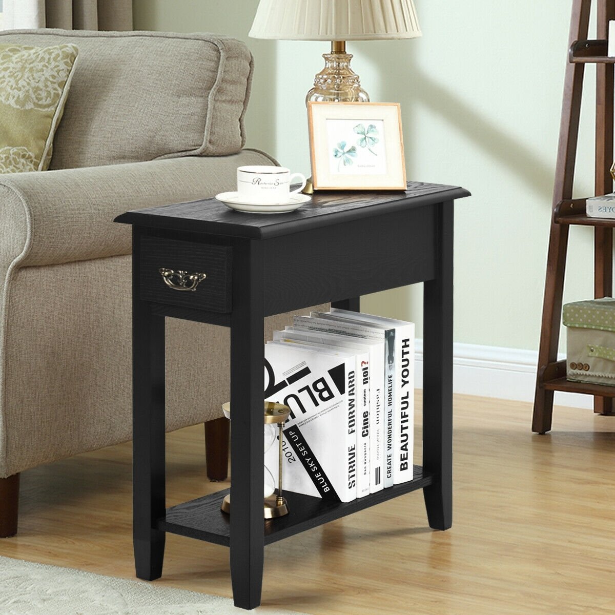 2 Pieces 2 Tier Sofa Side End Table with Drawer and Open Shelf-Black