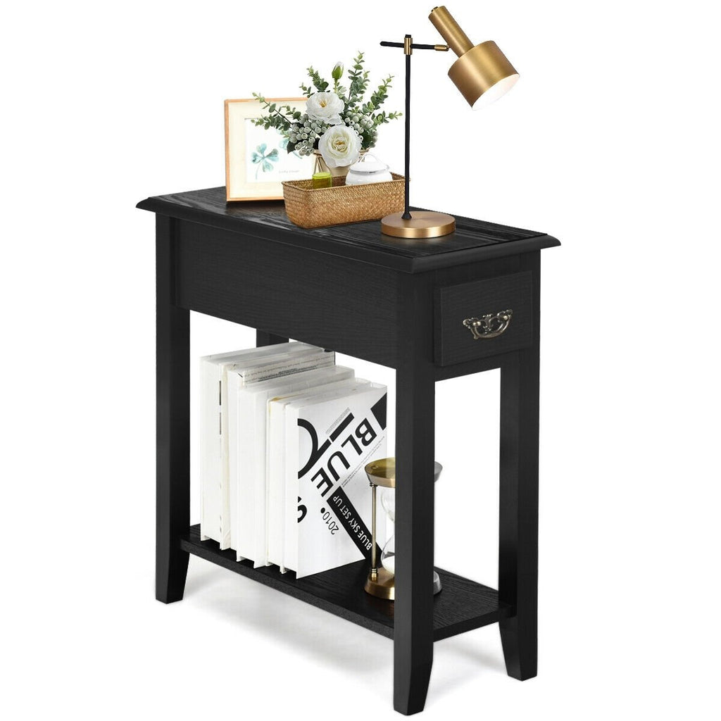 2 Pieces 2 Tier Sofa Side End Table with Drawer and Open Shelf-Black