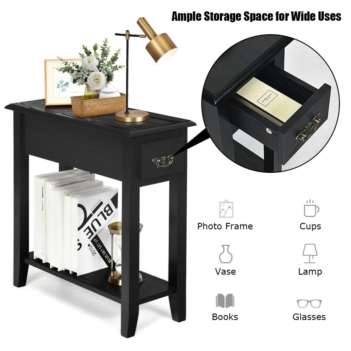 2 Pieces 2 Tier Sofa Side End Table with Drawer and Open Shelf-Black