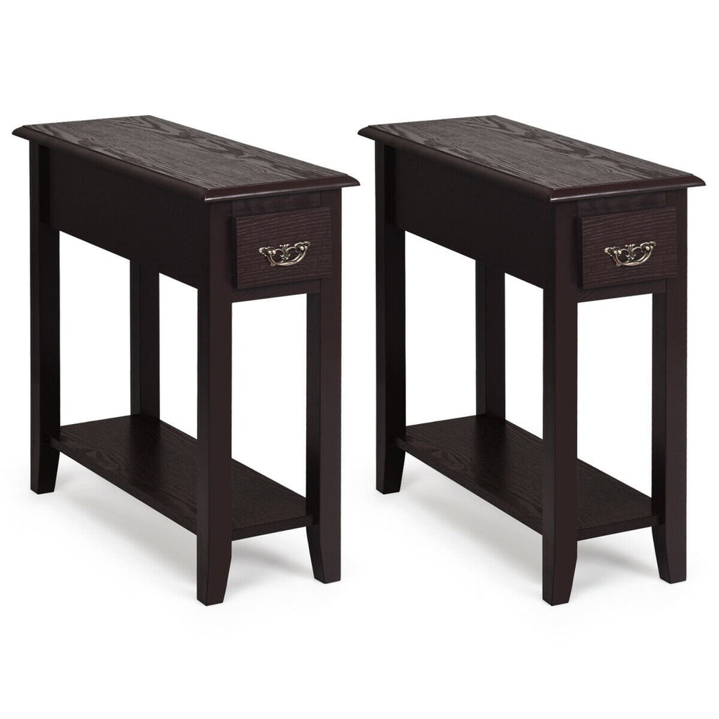 2 Pieces 2 Tier Sofa Side End Table with Drawer and Open Shelf-Dark Brown