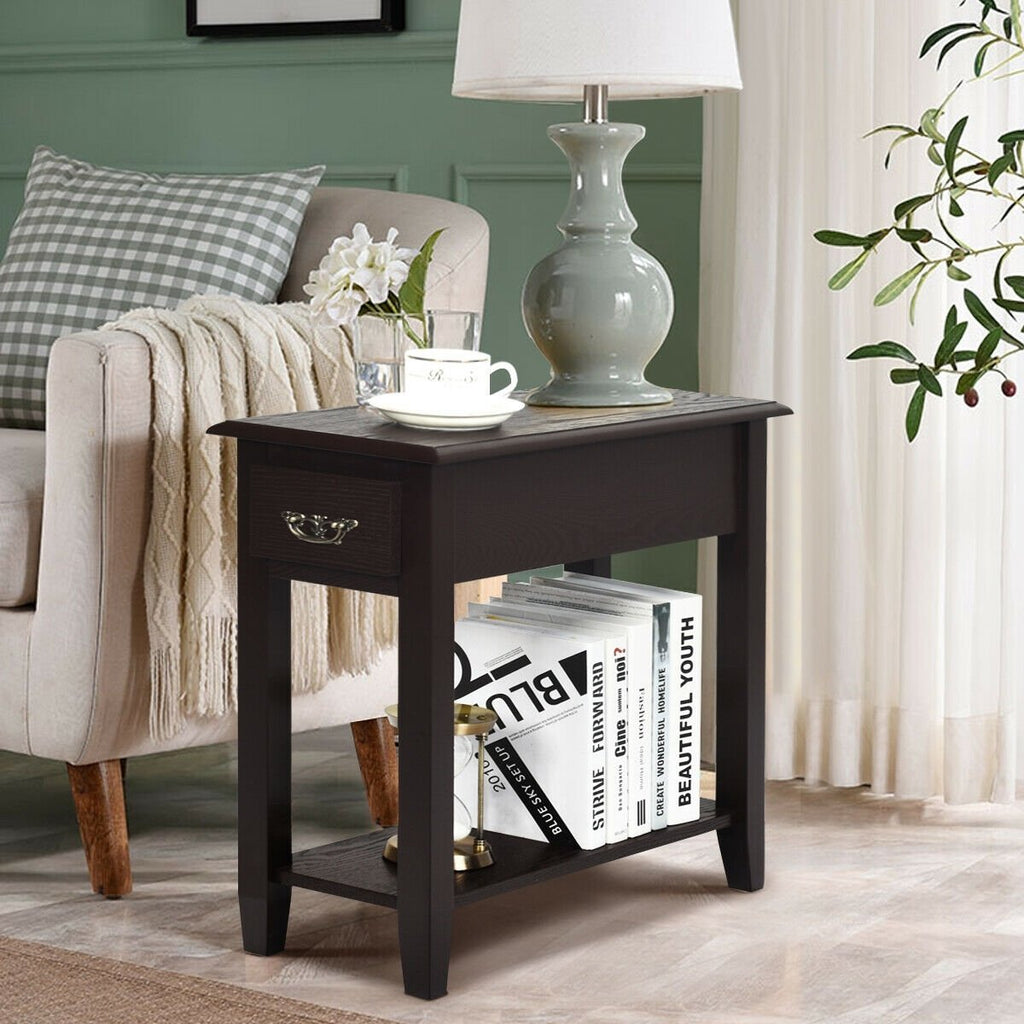 2 Pieces 2 Tier Sofa Side End Table with Drawer and Open Shelf-Dark Brown