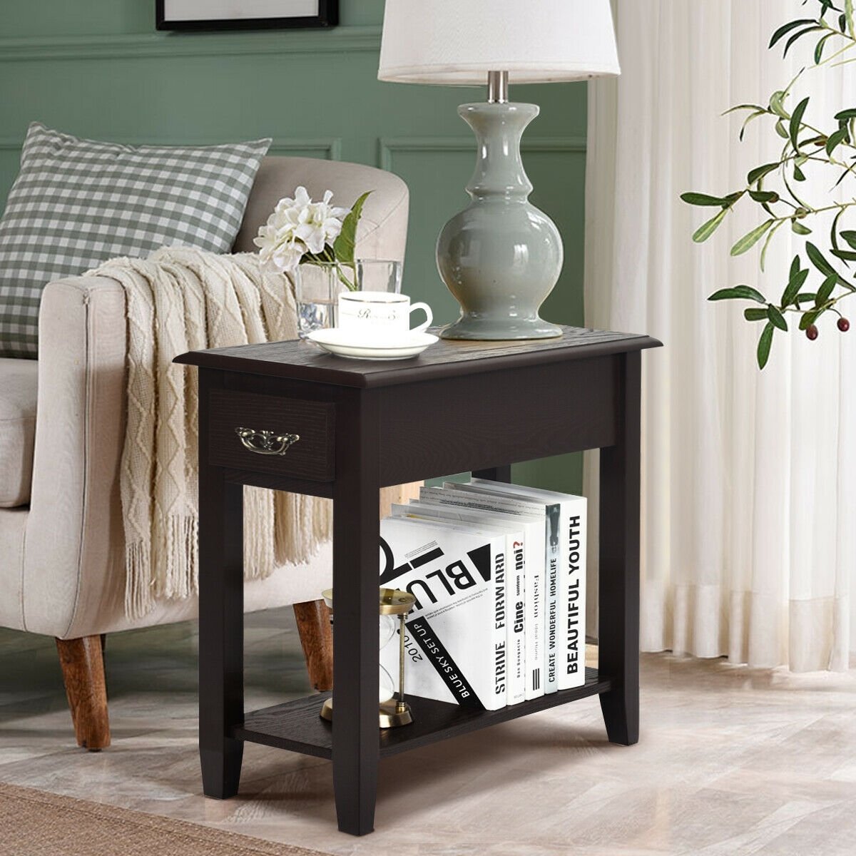 2 Pieces 2 Tier Sofa Side End Table with Drawer and Open Shelf-Dark Brown