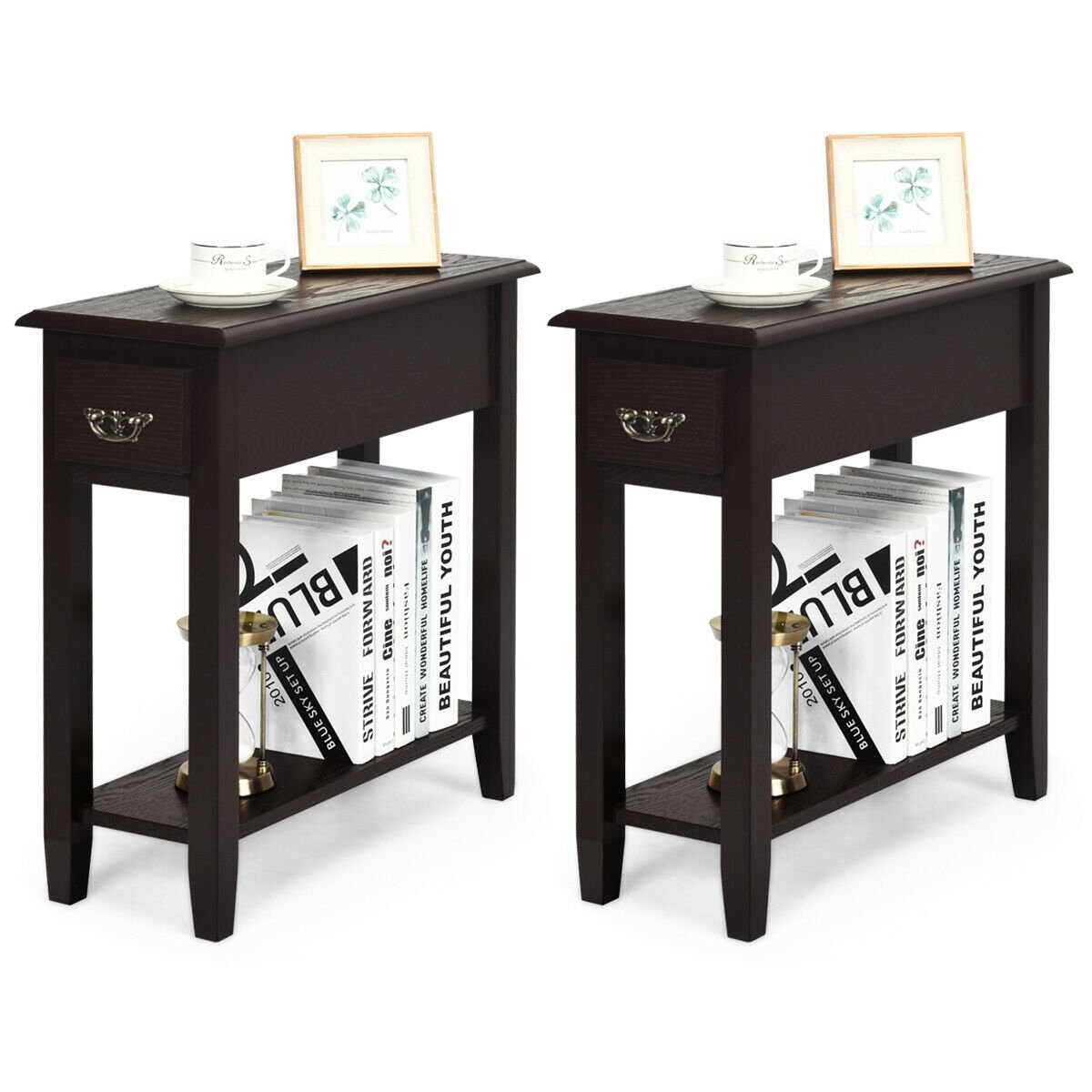 2 Pieces 2 Tier Sofa Side End Table with Drawer and Open Shelf-Dark Brown