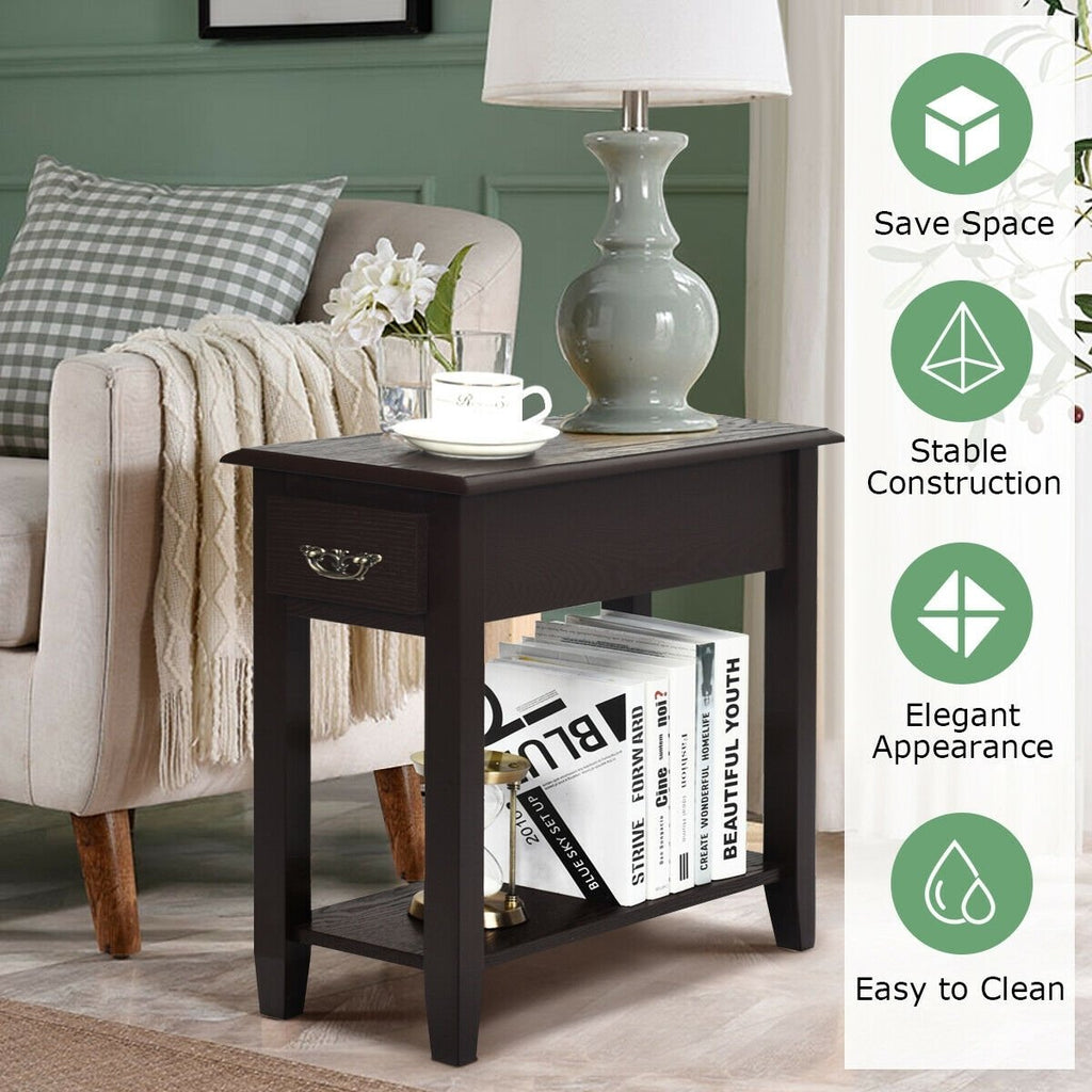 2 Pieces 2 Tier Sofa Side End Table with Drawer and Open Shelf-Dark Brown