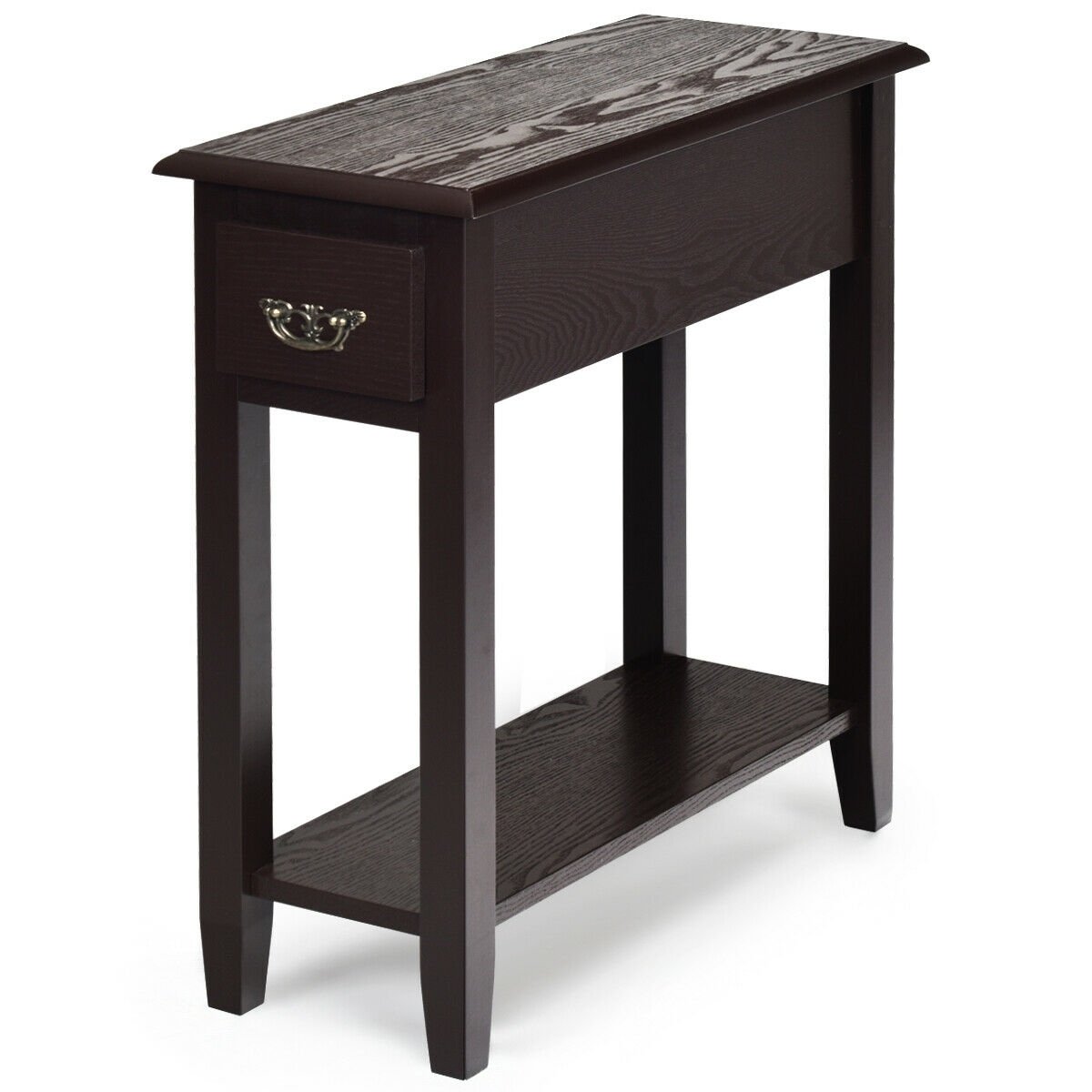 2 Pieces 2 Tier Sofa Side End Table with Drawer and Open Shelf-Dark Brown