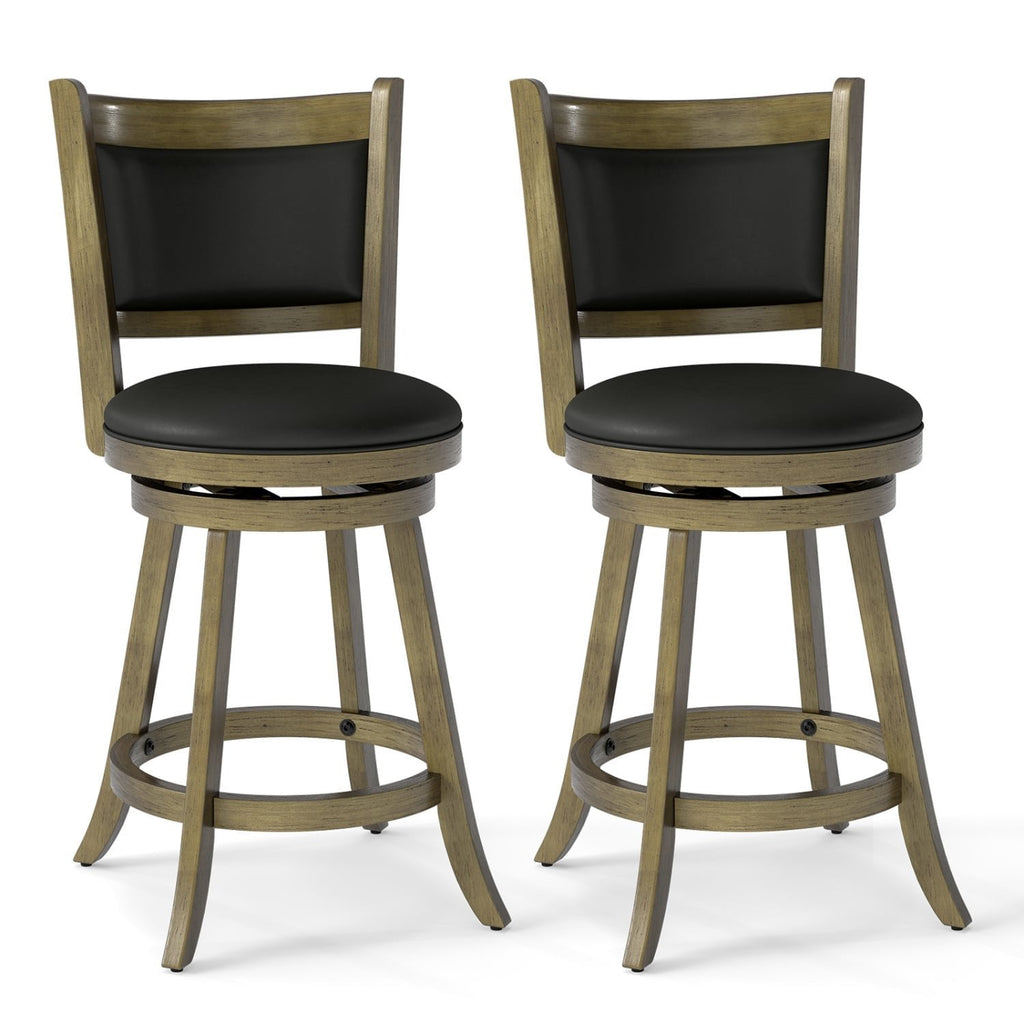 Set of 2 Grey Wash Swivel Counter Stools with Padded Back, 24 Inch Seat Height, 290 lb Rating