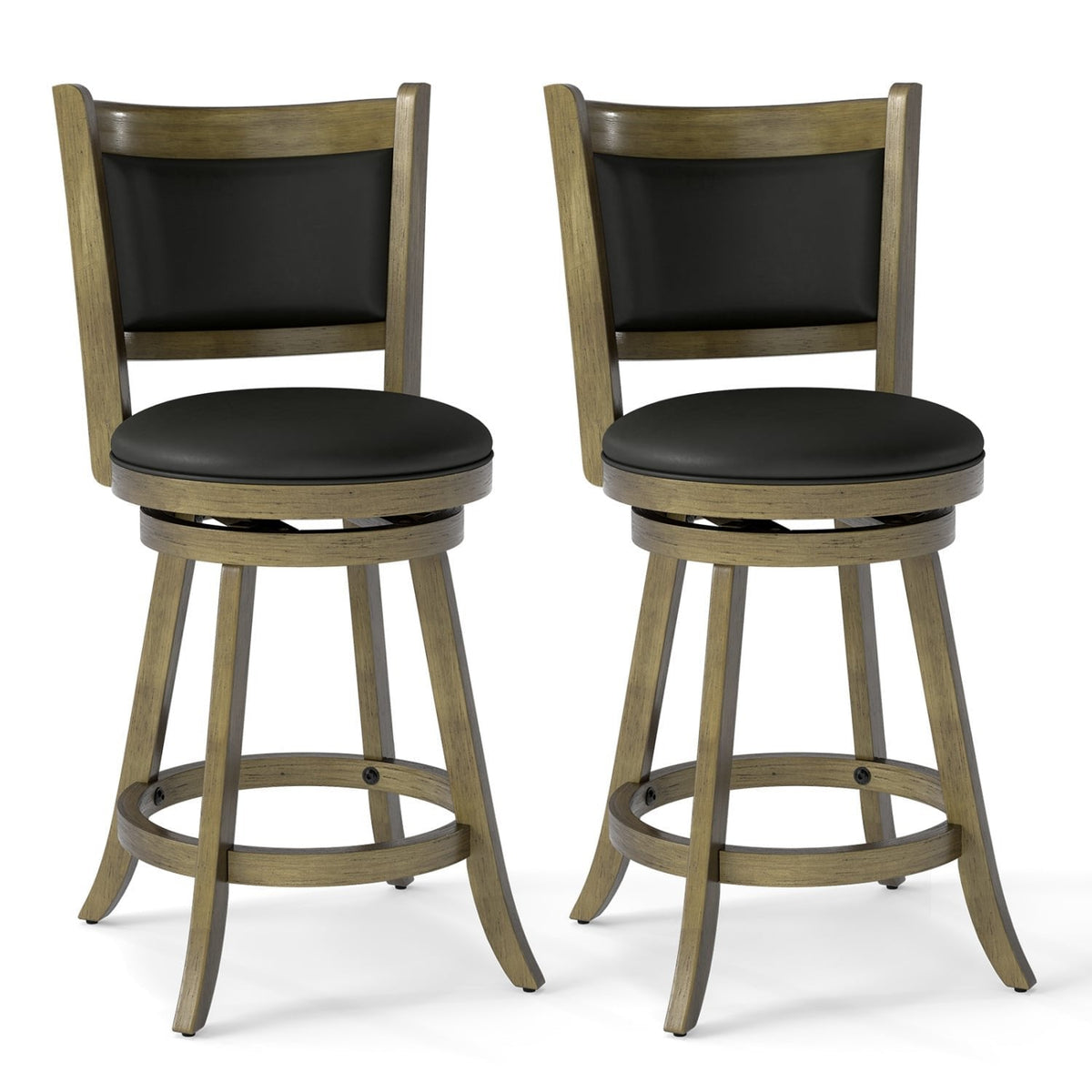 Set of 2 Grey Wash Swivel Counter Stools with Padded Back, 24 Inch Seat Height, 290 lb Rating