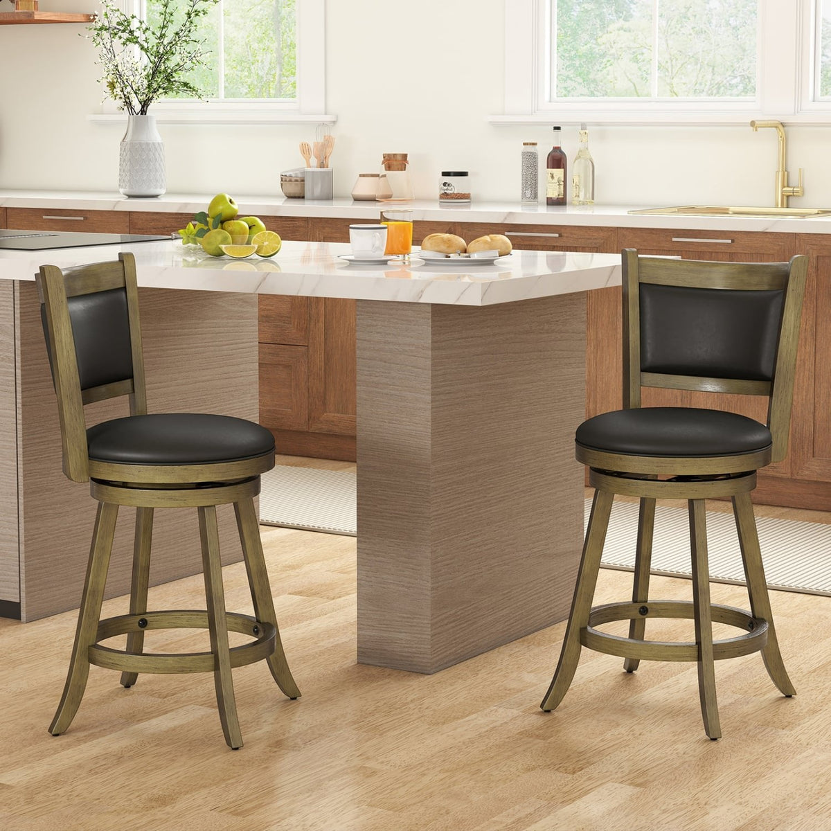 Set of 2 Grey Wash Swivel Counter Stools with Padded Back, 24 Inch Seat Height, 290 lb Rating