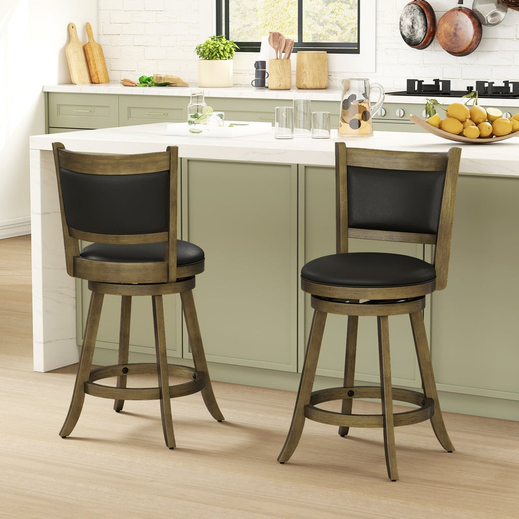 Set of 2 Grey Wash Swivel Counter Stools with Padded Back, 24 Inch Seat Height, 290 lb Rating